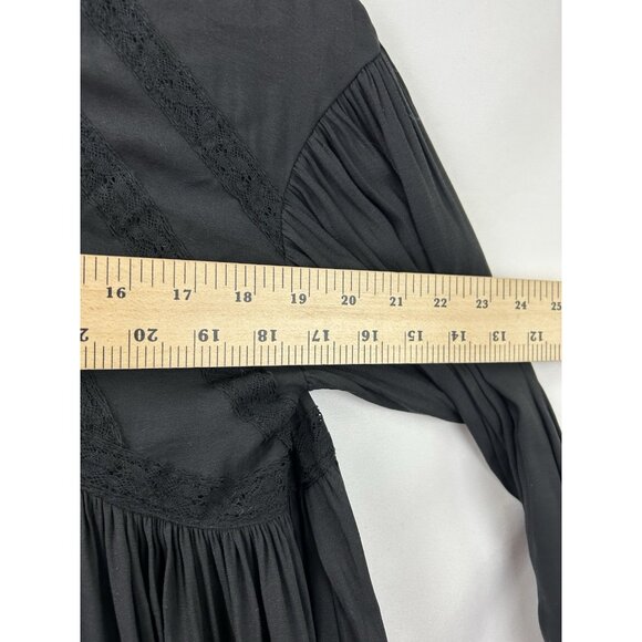 Free People Womens Blouse Medium Black Peasant Boho Top Crochet Lace Up Tunic - Picture 4 of 15